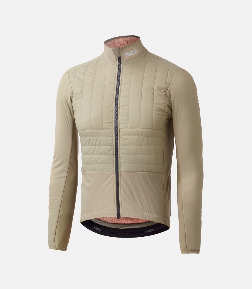 men cycling insulated jacket beige polartec odyssey still life front pedaled