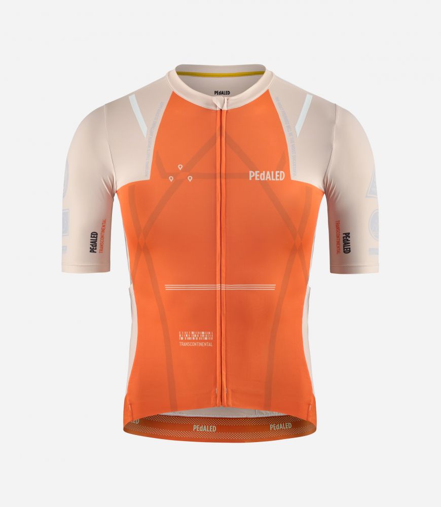 men cycling jersey orange transcontinental front pedaled
