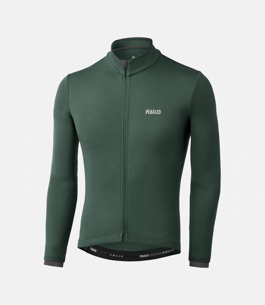 men cycling merino long sleeve jersey green essential still life front pedaled