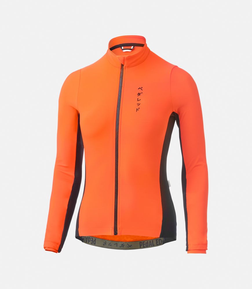 women thermo cycling jersey long orange mirai front pedaled