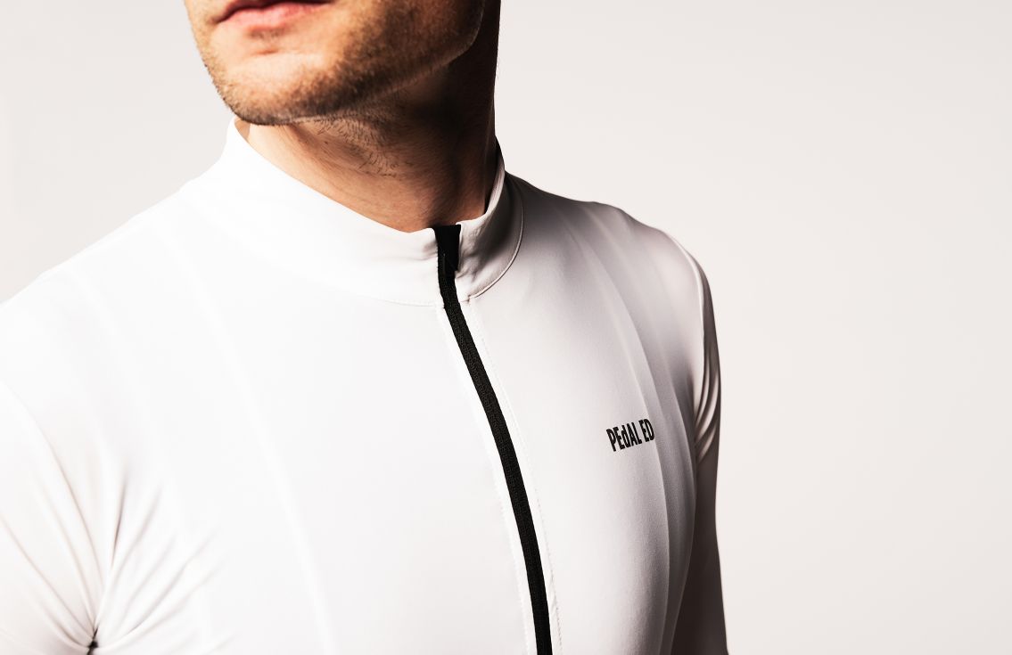 men training cycling jersey white heiko pedaled detail still front