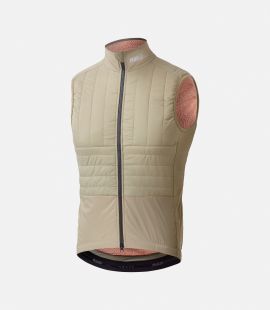 men cycling insulated vest beige polartec odyssey still life front pedaled