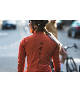 woman all weather cycling road back logo jacket brick red mirai pedaled