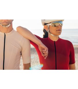 woman red zip cycling jersey sabi pedaled