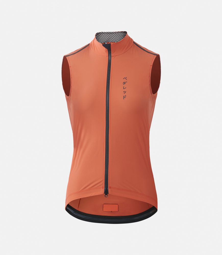 women water resistant cycling vest brick red front mirai pedaled