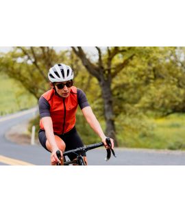 women all weather cycling vest brick red mirai pedaled
